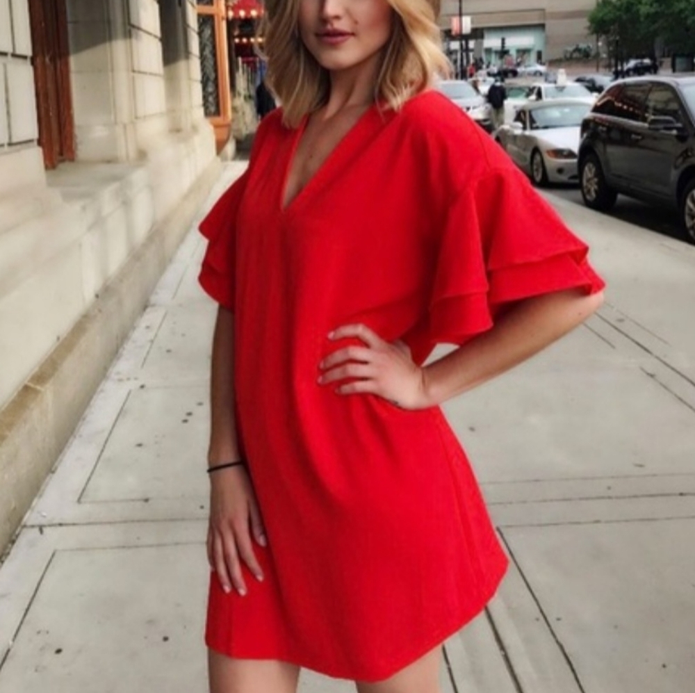 Zara |💃Red Ruffle Sleeve Shift Dress Oversized V Neck Women's Small